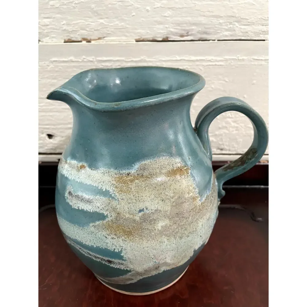 Vintage 1983 Signed Studio Pottery Stoneware Pitcher Turquoise Blue Glaze 7